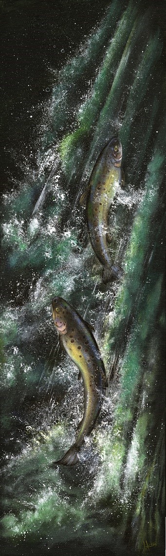 Leaping Trout - Effects in Acrylic, Norfolk Wildlife Trust Cley Marshes, Coast Road, Cley, Norfolk, NR25 7SA | Using controlled splashing techniques you will create a dynamic and individual backdrop for a trout | Workshop, fish, art,